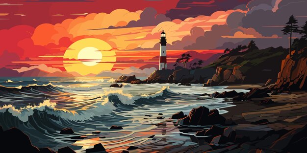 Plik wektorowy krajobraz wektorowy z ilustracją latarni morskiej zachód słońca na morzu wektorowy płaski jasne kolory