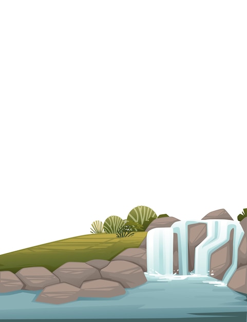 Plik wektorowy krajobraz wsi wodospad na skałach kreskówka projekt płaski wektor ilustracja na białym tle pionowy projekt