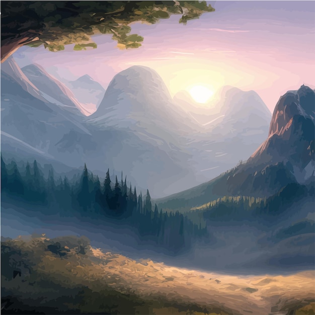 Krajobraz z niebieskimi mglistymi górami, pięknym lasem i rzeką na tle dzikiej przyrody o wschodzie słońca