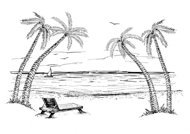 Krajobraz z szkicem morza i palm. Letnia plaża ręcznie rysowane szkic.