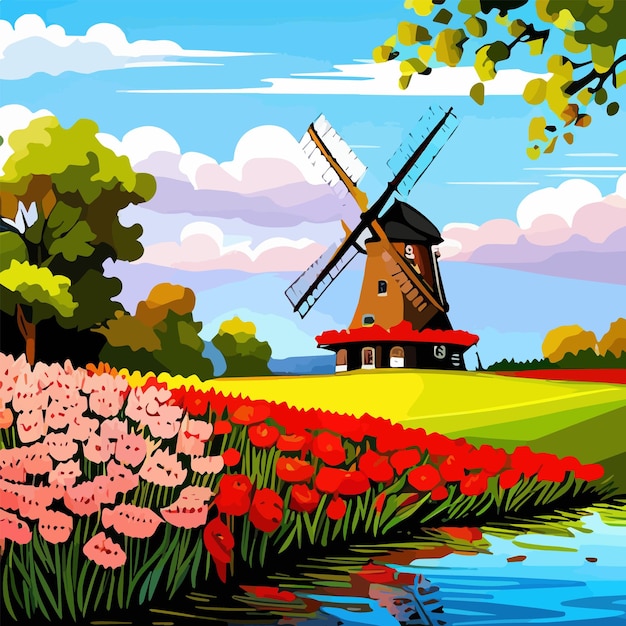 Plik wektorowy krajobraz z tulipanami tradycyjne holenderskie młyny wiatrowe w holandii europa na tle nieba z zachodem słońca