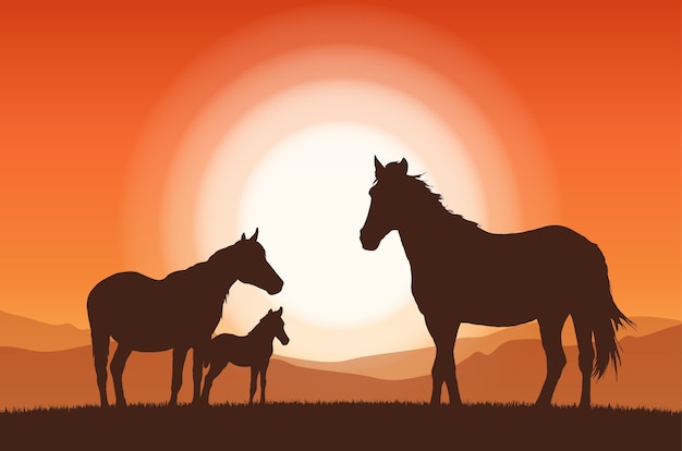Plik wektorowy krajobraz z zachodem słońca i sylwetka koni rodzinnych.