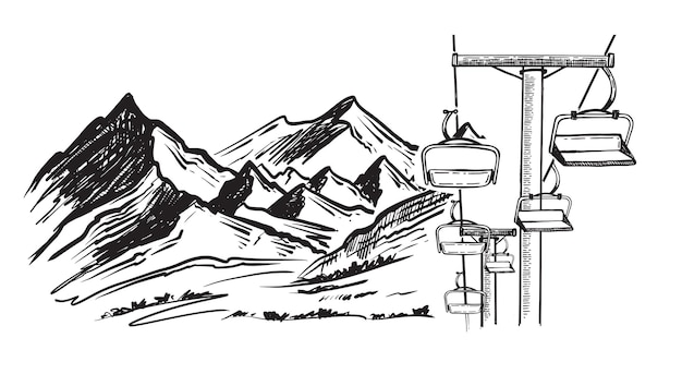 Krajobrazowe góry. Szkic ośrodka narciarskiego. Ręcznie rysowane ilustracja.