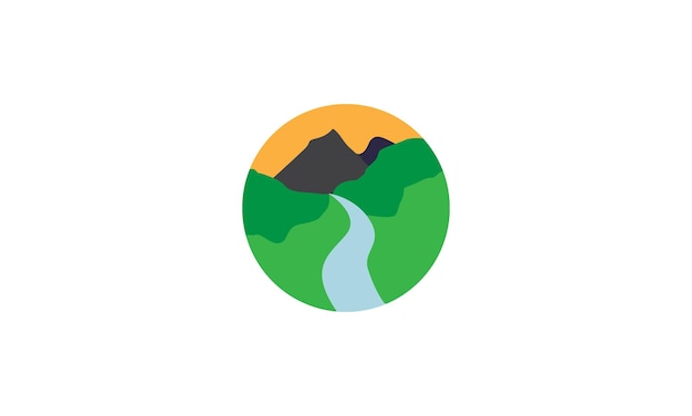 Krajobrazowy Las Z Górą I Rzeką Koło Logo Symbol Ikona Wektor Ilustracja Projekt Graficzny