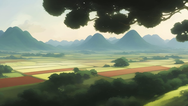 Plik wektorowy krajobrazy gór i pól uprawnych podczas zachodu słońca lub wschodu słońca szczegółowe ręcznie rysowane malarstwo ilustracja