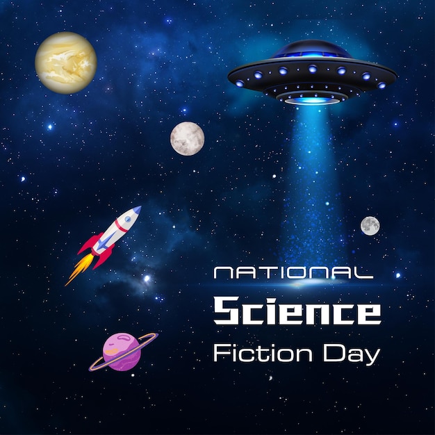 Krajowy Dzień Science Fiction Ilustracja kosmiczna z planetami UFO i rakietą