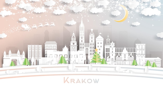 Plik wektorowy kraków polska city skyline w stylu cięcia papieru z księżycem płatki śniegu i neonową girlandą