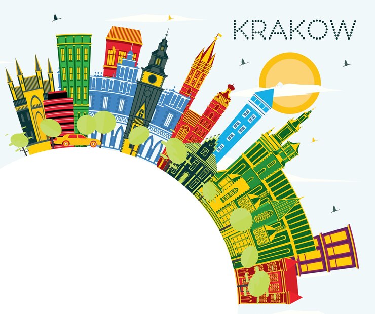 Wektor krakow polska city skyline z kolorowymi budynkami błękitne niebo i przestrzeń kopiowania kraków pejzaż z zabytkami