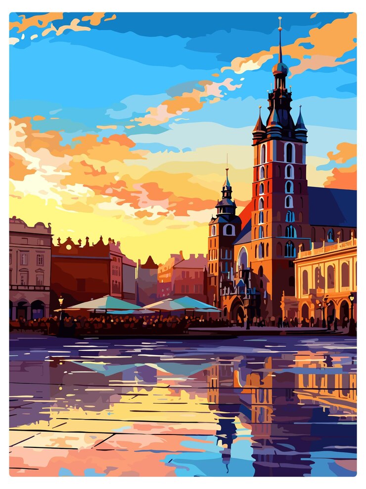 Wektor kraków polska vintage plakat podróżniczy pamiątkowa pocztówka portret malarstwo wpa ilustracja