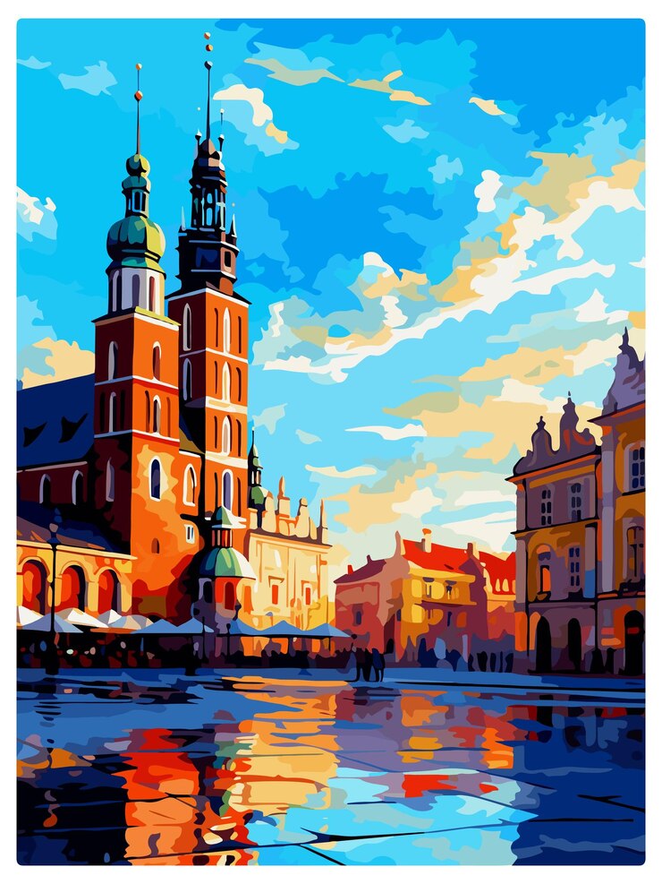 Wektor kraków polska vintage travel poster wall art print souvenir postcard portret ilustracja wpa
