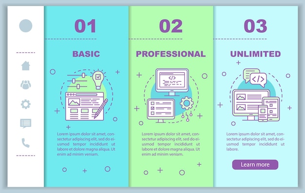 Kreator stron internetowych cennik onboarding mobilnych stron internetowych szablon wektorowy Podstawowa taryfa Responsywny pomysł na interfejs strony internetowej na smartfonie ilustracje liniowe Przewodnik po stronie internetowej Ekrany krokowe Koncepcja kolorystyczna