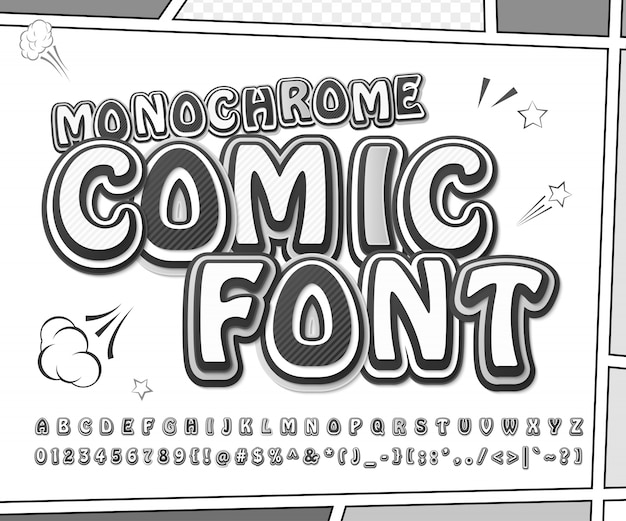 Kreatywna Czarno-biała Czcionka Komiczna. Monochromatyczne Litery I Cyfry W Stylu Pop-art Na Stronie Komiksu