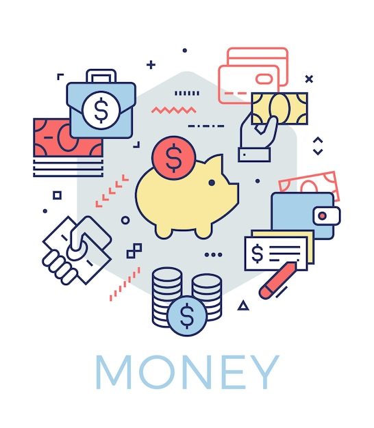 Kreatywna Ilustracja Koncepcji Pieniądza I Bankowości Cienka Linia Ikon Projektuje Wydruki Internetowe I Aplikacje Mobilne