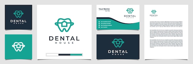 Plik wektorowy kreatywna inspiracja logo domu dentystycznego. z wizytówką i papierem firmowym w stylu grafiki liniowej