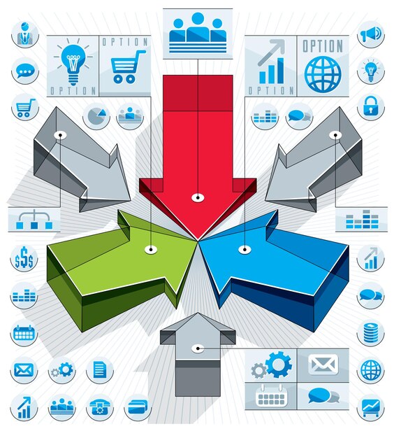 Plik wektorowy kreatywna koncepcja infografiki, strzały 3d wskazujące na środkowy pomysł, ilustracja wektorowa.