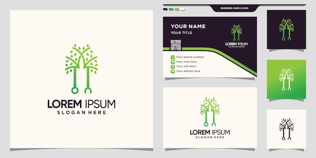 Kreatywne Logo Klucza I Drzewa Z Unikalnym Stylem Liniowym I Projektem Wizytówek Premium Wektorów