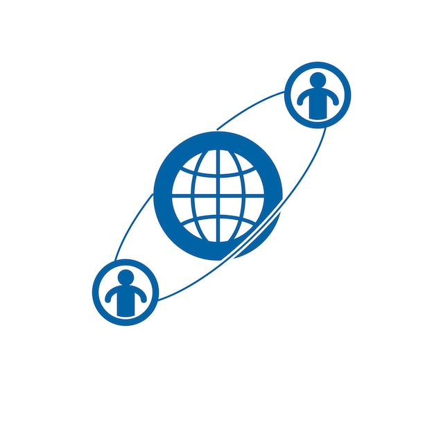 Kreatywne logo świata i osoby, unikalny symbol wektor utworzony za pomocą różnych ikon. Znak systemu i macierzy społecznej. Osoba i ludzkość wchodzą ze sobą w interakcje. Znak systemu i macierzy społecznej.