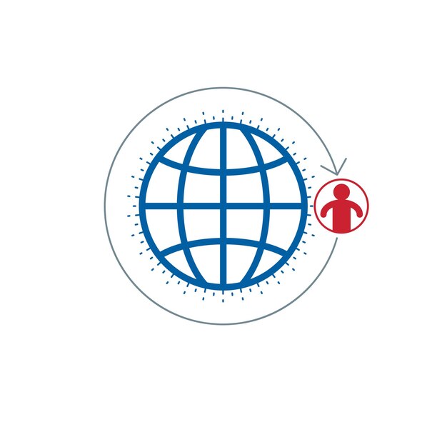 Kreatywne logo świata i osoby, unikalny symbol wektor utworzony za pomocą różnych ikon. Znak systemu i macierzy społecznej. Osoba i ludzkość wchodzą ze sobą w interakcje. Znak systemu i macierzy społecznej.
