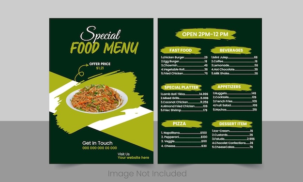 Kreatywny projekt ulotki restauracyjnej z pysznym menu restauracyjnym