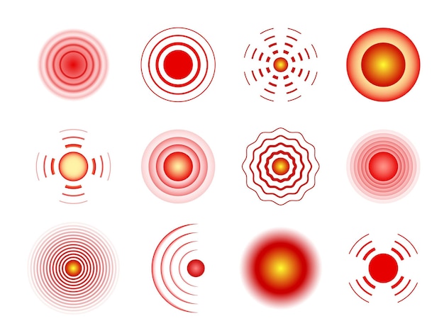 Kręgi Bólu Bolesny Cel Czerwona Plama Ból Mięśni I Stawów Lokalne Plamy Zranić Znaczniki Lokalizacji Bóle Głowy Ból Brzucha Lub Fale Dźwiękowe Elementy Tabletki Przeciwbólowe Znak Wektor Zestaw