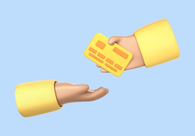 Plik wektorowy kreskówka 3d ręka daje kartę debetową lub kredytową do ręki innej osoby kreskówka ręka trzyma kartę kredytową koncepcja płatności ilustracja wektora 3d