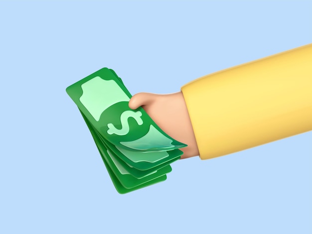 Kreskówka 3D ręka trzymająca banknoty dolarowe Pojęcie operacji finansowej Płatność i zwrot pieniędzy Inwestycje i handel biznesowy Ilustracja wektorowa 3d