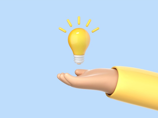 Kreskówka 3D ręka trzymająca żarówkę odizolowaną na niebieskim tle Myślenie dobry pomysł i koncepcja twórcza sukcesu w biznesie Vector 3d illustration