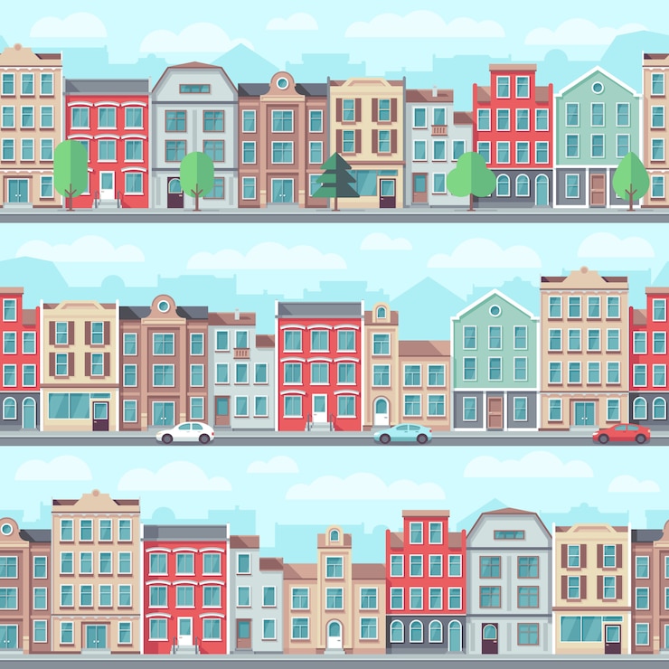 Wektor kreskówka bezszwowe ulicy ze starych budynków mieszkalnych, drzew i samochodów wektor zestaw. domowy pejzaż miejski, architektury krajobrazu ilustracja