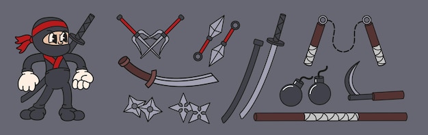 Kreskówka broń ninja Japoński sprzęt sztuki walki miecz katana nunczako shuriken i sai izolowany wektor zestaw ilustracji ninja i shuriken