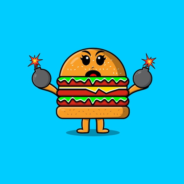 Plik wektorowy kreskówka burger trzymający bombę z przerażoną ekspresją w płaskim nowoczesnym stylu
