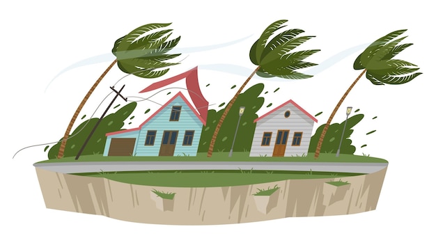 Plik wektorowy kreskówka burza wiatr klęska żywiołowa superstorm katastrofa podmiejski dom uszkodzenie wichura kataklizm płaski wektor ilustracja na białym tle