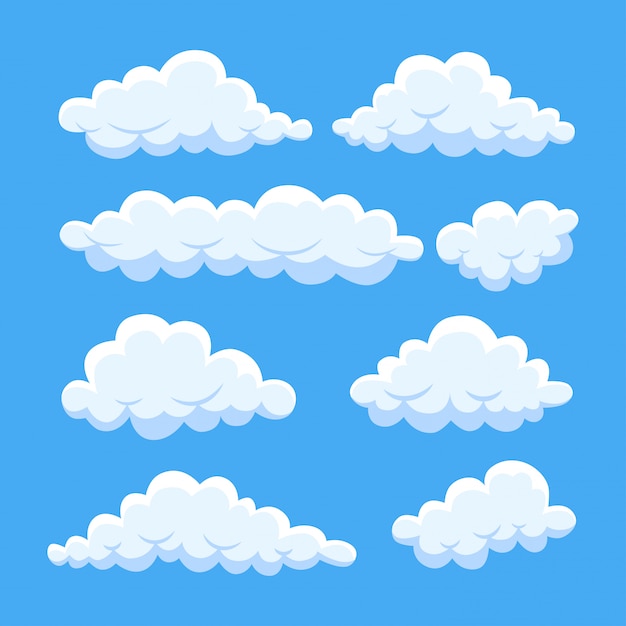 Kreskówka chmury na niebieskim niebie. Cloudscape na białym tle na tle.