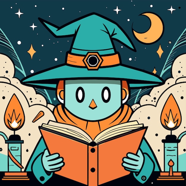 Plik wektorowy kreskówka czarownicy czytającej książkę z skrzydłami i księżycem za nimi