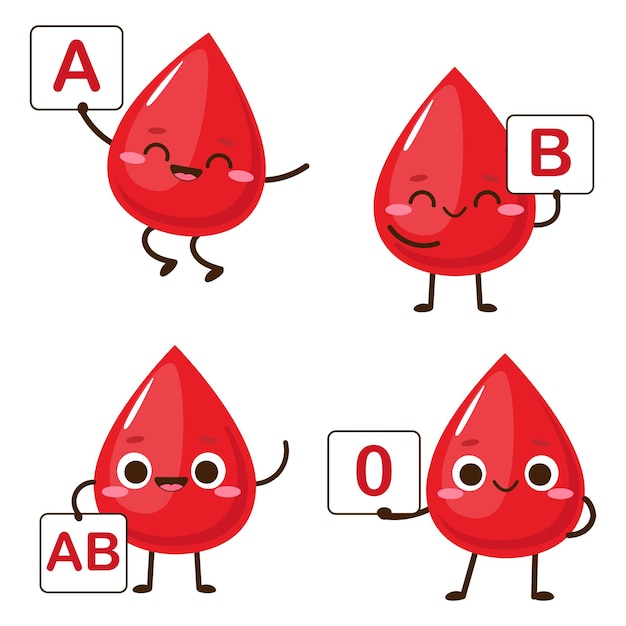 Plik wektorowy kreskówka czerwone krople ze znakiem grupy krwi w ręce ilustracji wektorowych