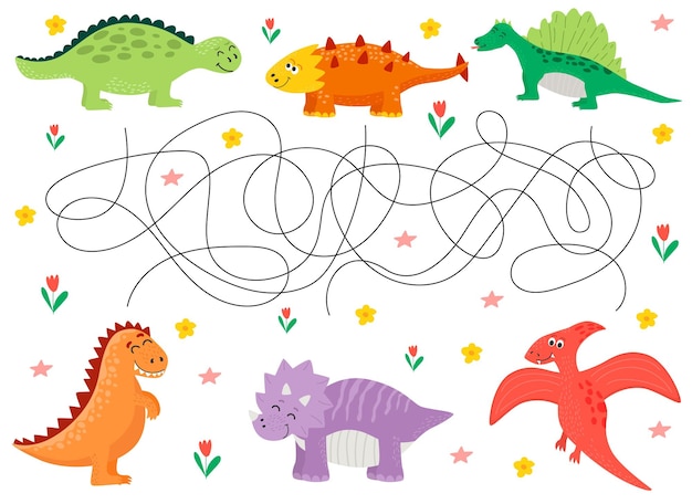 Kreskówka dinozaury wektor labirynt gra labirynt lub zagadka dla dzieci Logiczna gra logiczna lub szablon arkusza edukacyjnego quizu pomaga dinozaurowi dostać się do przyjaciół
