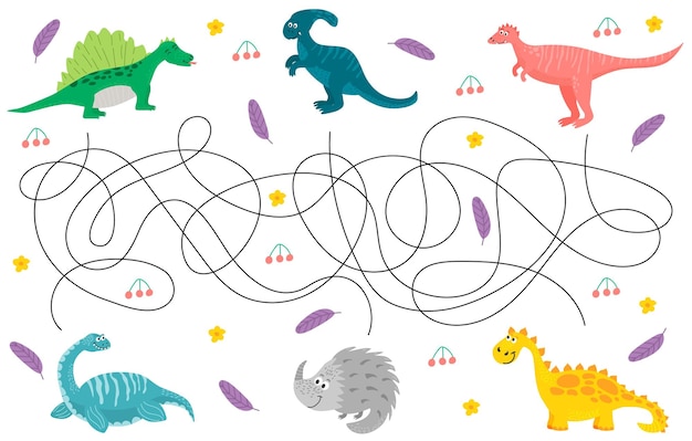 Kreskówka dinozaury wektor labirynt labirynt gra lub zagadka dla dzieci Logika gra logiczna lub edukacja quiz szablon arkusza pomocy dinozaura dostać się do znajomych Grafika wektorowa