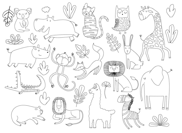 Plik wektorowy kreskówka duży zestaw uroczych doodle zwierząt