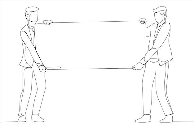 Kreskówka Dwóch Przypadkowych Biznesmenów Niosących Pusty Panel Styl Sztuki Ciągłej Linii