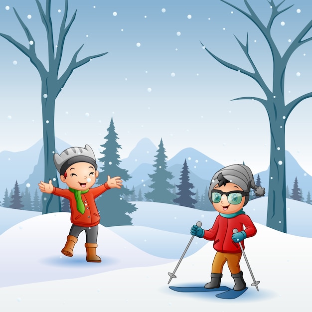 Kreskówka Dzieci Bawiące Się Na śniegu