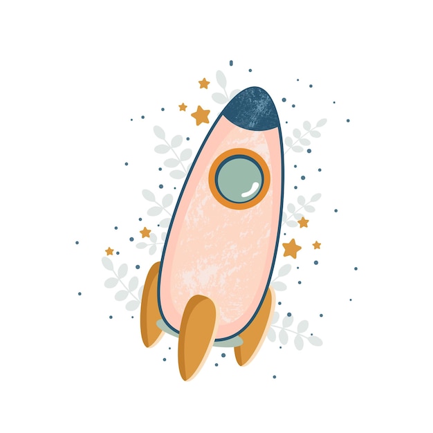 Kreskówka dzieci statek kosmiczny księżyc rakieta ikona z gwiazdami i liśćmi Płaska ilustracja