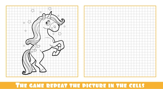 Kreskówka Dziecko Magiczny Jednorożec Liniowy Rysunek Gry Powtórzyć Obraz W Komórkach
