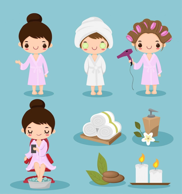 Wektor kreskówka dziewczyna robi zestaw kolekcja spa theraphy