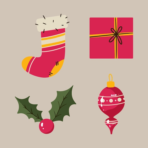 Plik wektorowy kreskówka elementy świąteczne santa skarpeta prezent zabawka choinkowa i świąteczna jagoda