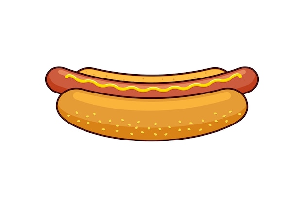 Plik wektorowy kreskówka fast food hotdog z czarnym obramowaniem liniowym. kiełbasa hot dog w bułce chlebowej z musztardą na białym tle ilustracji wektorowych płaski