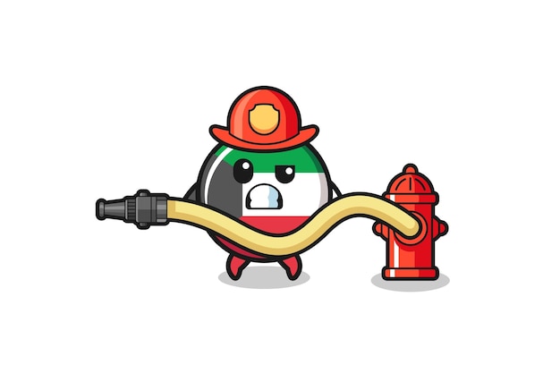 Plik wektorowy kreskówka flaga kuwejtu jako maskotka strażaka z wężem wodnym