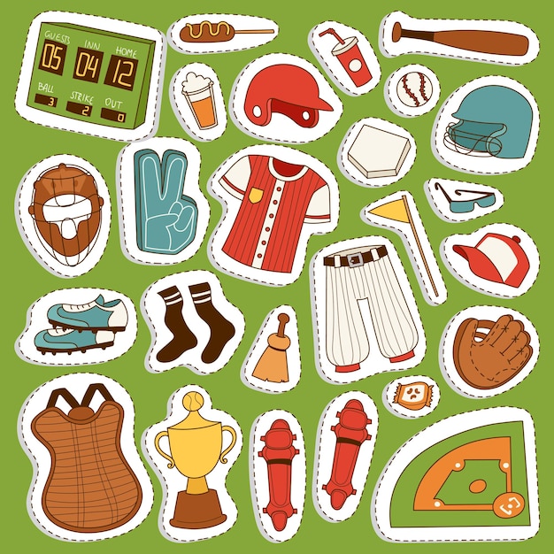 Plik wektorowy kreskówka gracz gry w baseball ubrania jednolite rękawice kulkowe i obiektowe ikony baseballu