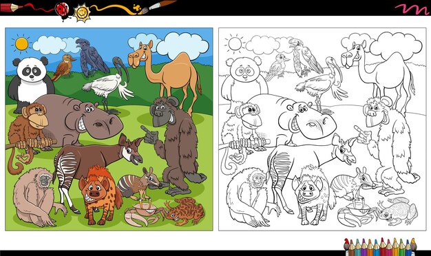 Kreskówka Grupa Znaków Dzikich Zwierząt Kolorowanka Do Kolorowania