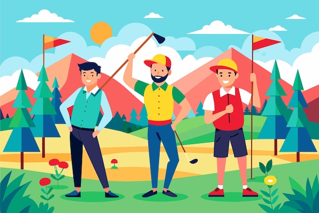 kreskówka grupy ludzi z klubem golfowym i górami na tle