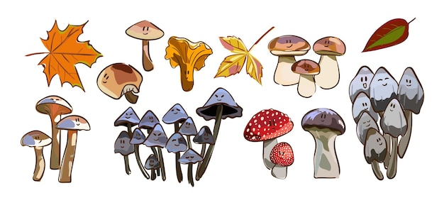 Kreskówka grzyby Trujące i jadalne grzyby na białym tle wektor zestaw ilustracji