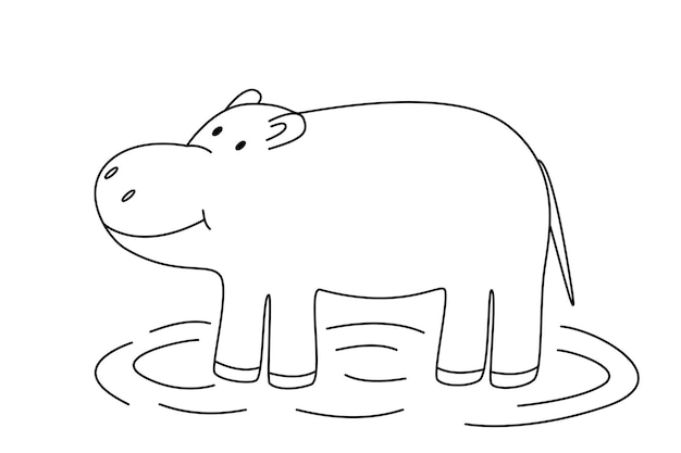 Kreskówka Hipopotam, Kolorowanka Dla Dzieci. Ilustracja Wektorowa Afrykańskiego Zwierzęcia Na Białym Tle.